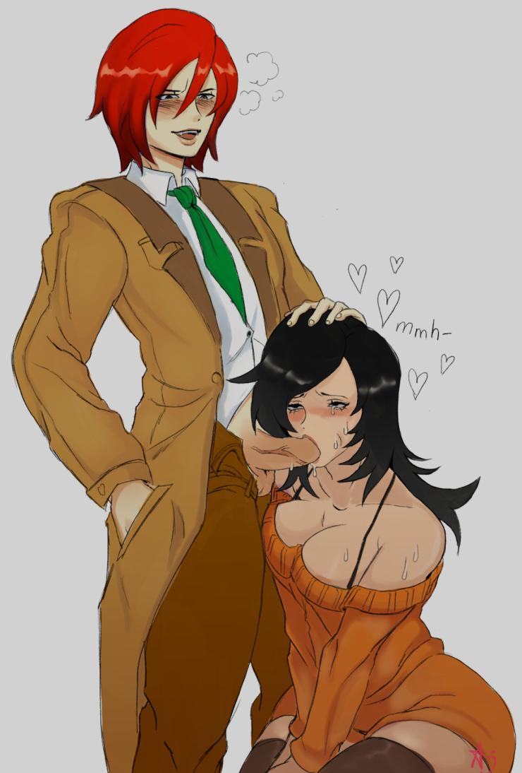 1boy 1girls big_breasts blowjob breath cock cock_sucking commissioner_upload crying detective holding_head licking_penis maledom ms._masmia original_character redhead renniken_henderson saliva smile smug_face straight sucking_penis tears trenchcoat