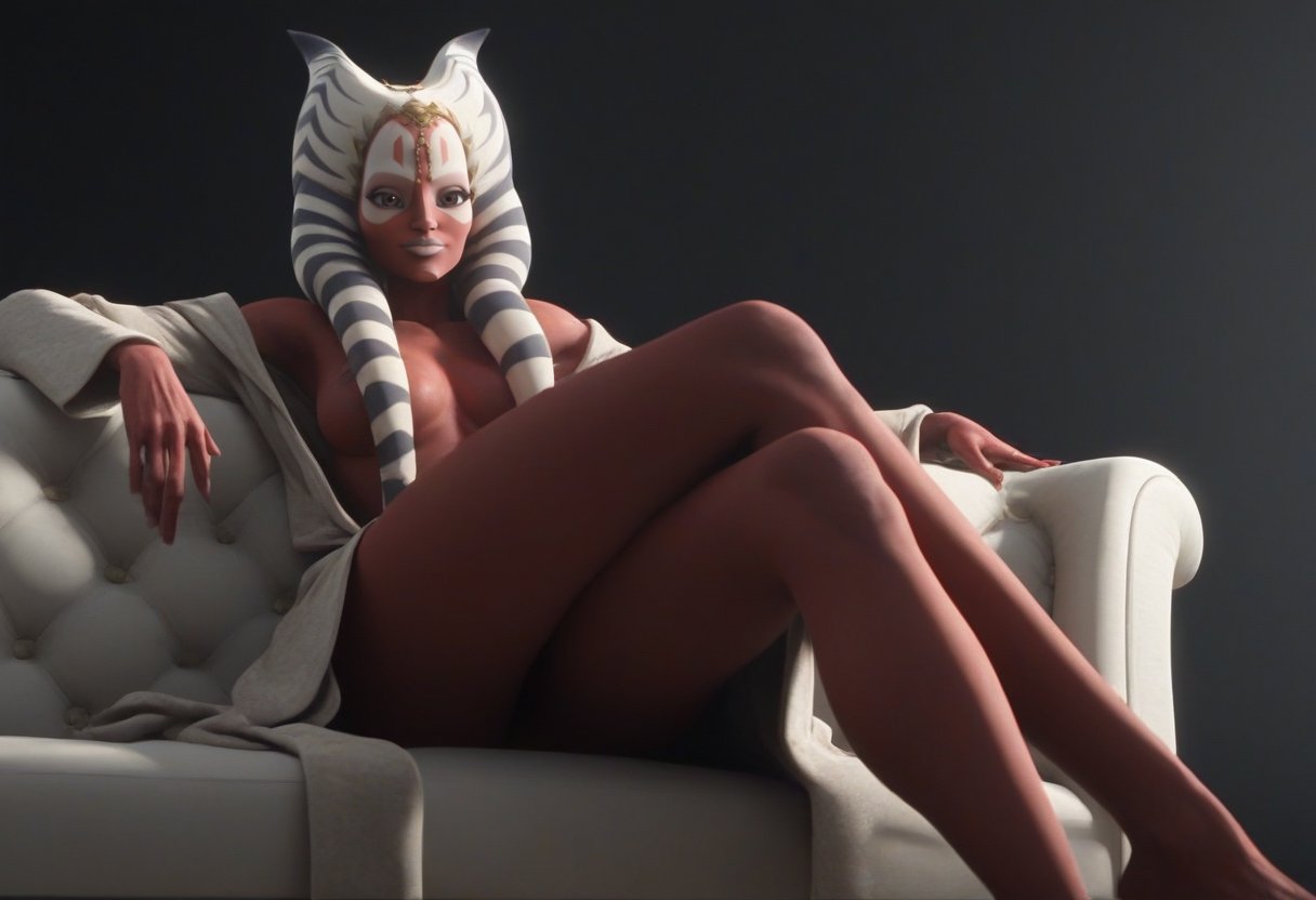 ai_generated alien alien_girl bare_thighs clone_wars couch duchess_eugene legs legs_crossed lekku lekku_(anatomy) naked naked_female nude nude_female partially_clothed red_body red_skin robe shaak_ti sitting star_wars togruta