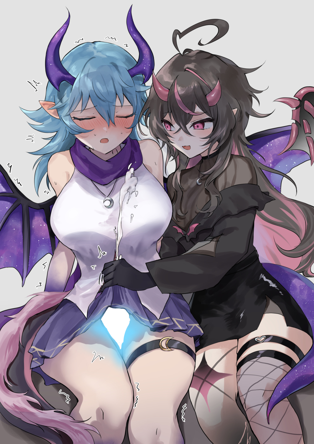 blush, cum, female, futanari, glowing genitalia, glowing penis, handjob, handjob over clothes, hidou110, intersex, lifting another's clothes, monster girl, penis, skirt