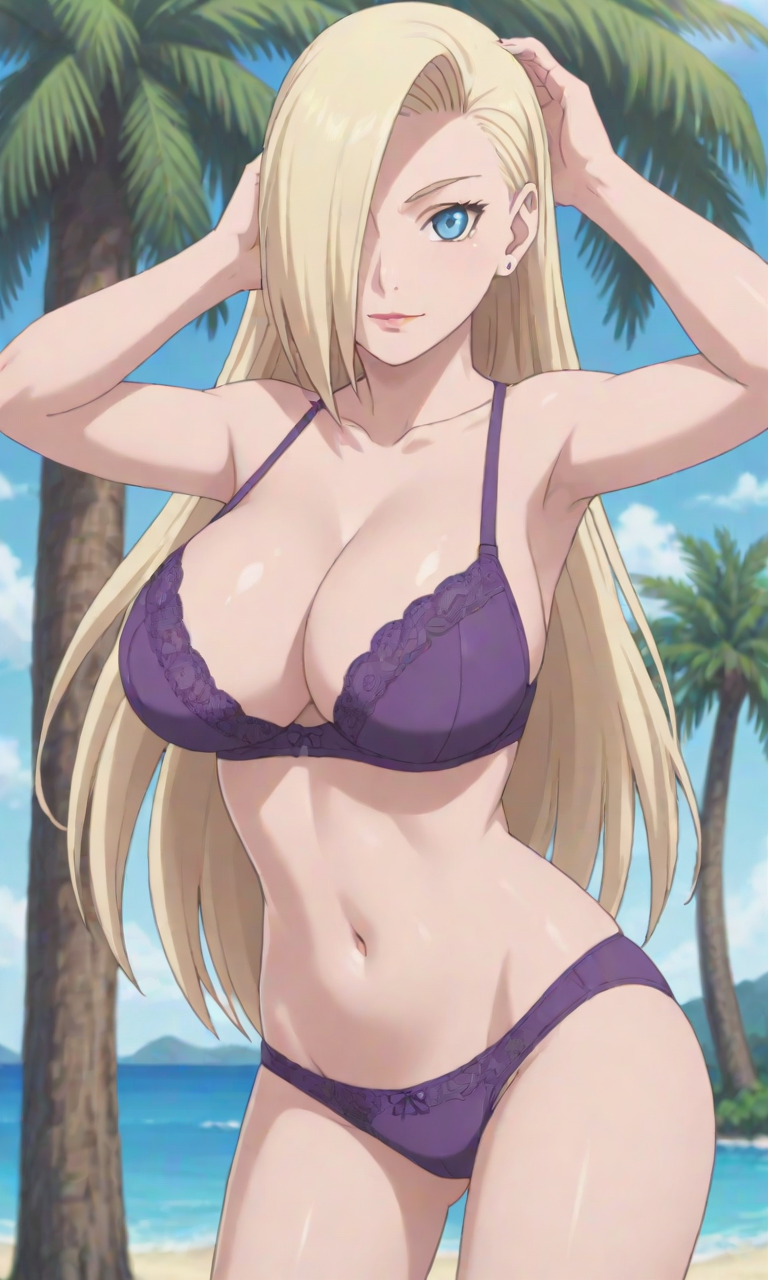 1girls ai_generated armpits arms_behind_head arms_up beach big_breasts bikini bikini_bottom bikini_top blonde_female blonde_hair blue_eyes blush blush_lines boruto:_naruto_next_generations cameltoe curvy curvy_female curvy_figure deviantart eyelashes eyeshadow from_below godzillaninja2019 hair hair_down hair_ornament hair_over_one_eye ino_yamanaka light_blue_eyes looking_at_viewer loose_hair mature mature_female midriff milf nai_diffusion naruto naruto:_the_last naruto_(series) naruto_shippuden navel ocean outdoors pale-skinned_female pale_skin palm_tree pinup purple_bikini sea seaside smirk stable_diffusion swimsuit thick_thighs thigh_gap thighs toned toned_female url very_long_hair watermark web_address white_skin