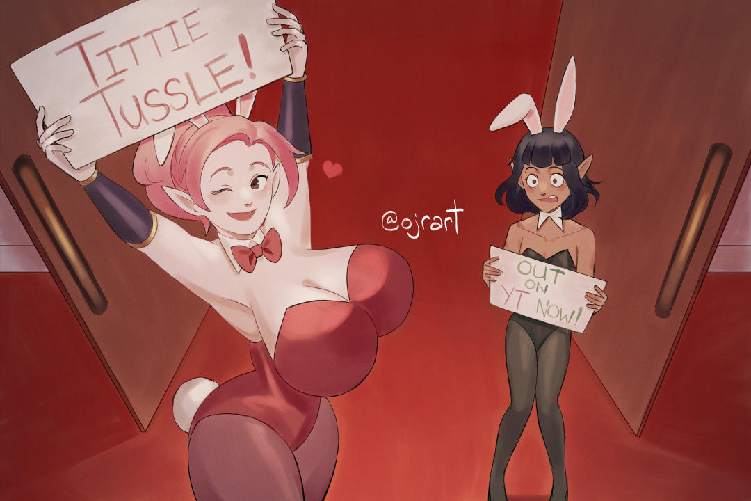 2girls brown_skin bunny_ears bunnysuit chessica_(tittie_tussle) cleavage flat_chest huge_breasts hyper_breasts looking_at_another looking_at_partner magic minnie_(tittie_tussle) multiple_girls not_porn ojart pale_skin small_breasts tittie_tussle voluptuous voluptuous_female