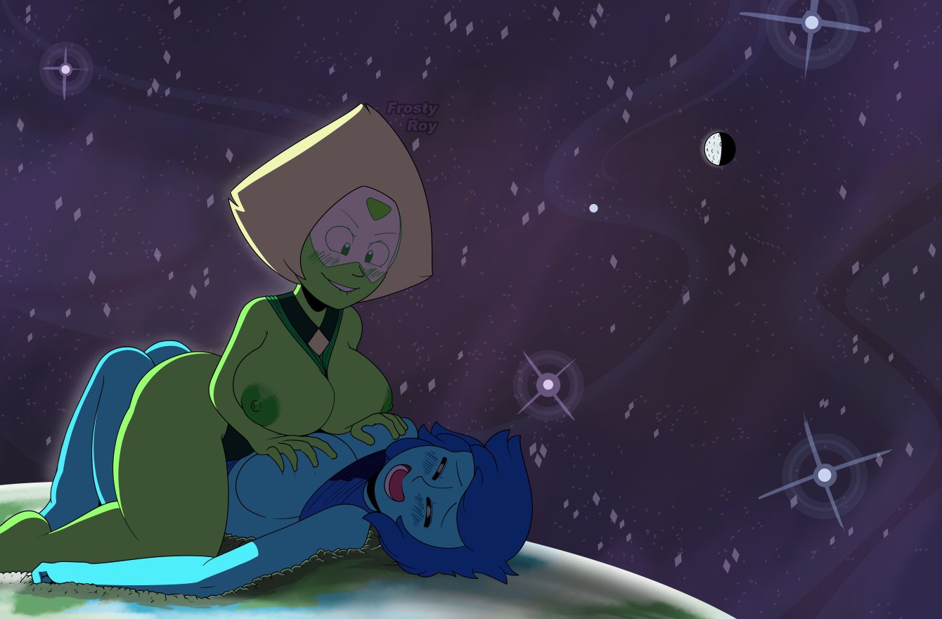 2girls big_breasts blush breast_grab breast_squeeze breasts frosty_roy gem_(species) giantess huge_breasts lapis_lazuli_(steven_universe) multiple_girls peridot_(steven_universe) planet space steven_universe yuri