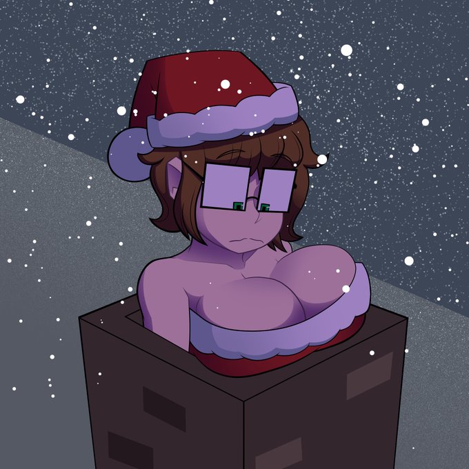 1girls accidentally_stuck breasts brown_hair chimney cleavage curvy ellie_(paladin) female female_only glasses green_eyes huge_breasts inconvenient_breasts looking_down paladindraws santa_hat santa_suit snow snowing stuck stuck_in_object stuck_in_pipe worried