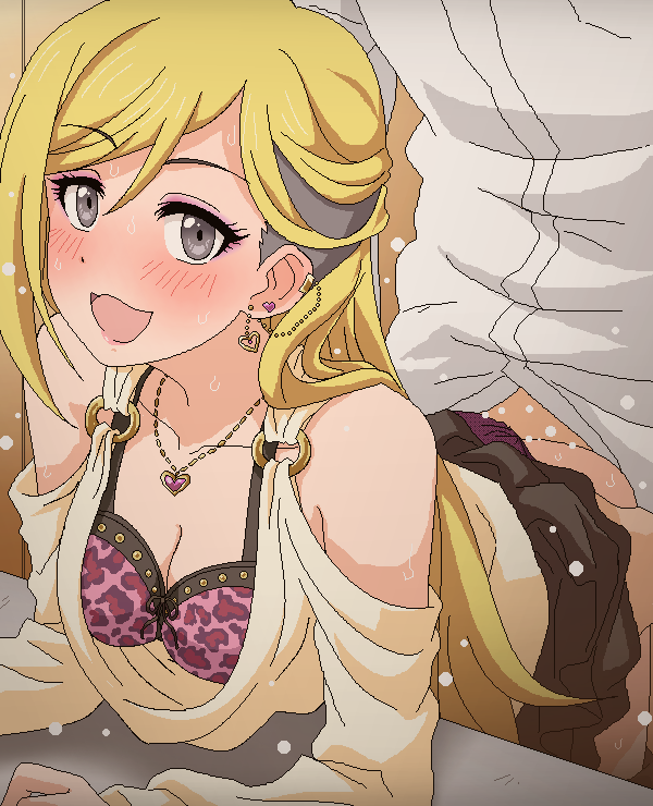 1boy :3 animal_print bangs bare_shoulders bent_over black_skirt blonde_hair blush bra breasts cleavage clothed_sex collarbone doggy_style dress_shirt ear_piercing earrings eyebrows_visible_through_hair eyeshadow female flying_sweatdrops fujimoto_rina grey_eyes grey_hair gyaru heart heart_earrings heart_necklace idolmaster idolmaster_cinderella_girls jewelry kogal leopard_print lipstick long_hair long_sleeves looking_at_viewer loose_clothes loose_shirt makeup medium_breasts miniskirt nose_blush o-ring o-ring_top open_mouth panties panties_aside piercing pink_bra pink_eyeshadow pink_lips pleated_skirt purple_panties sex shirt skirt skirt_lift smile solo_focus straight sweat swept_bangs tomu_(tomubobu) torso_grab undercut underwear vaginal_penetration white_shirt