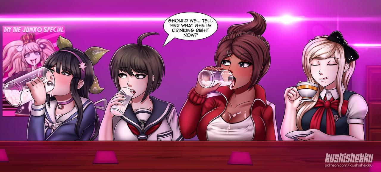 4girls, asahina aoi, big breasts, black hair, blonde hair, breasts, brown hair, chabashira tenko, comic, cum drinking, cum in container, cum on breasts, cum on face, cup, danganronpa, danganronpa 2: goodbye despair, danganronpa ultra despair girls, danganronpa v3, drinking, drinking cum, english text, female, female only, gokkun, gyaru, human, junko enoshima, kushishekku, multiple females, multiple girls, naegi komaru, nipples visible through clothing, sonia nevermind, straight hair, teacup, text