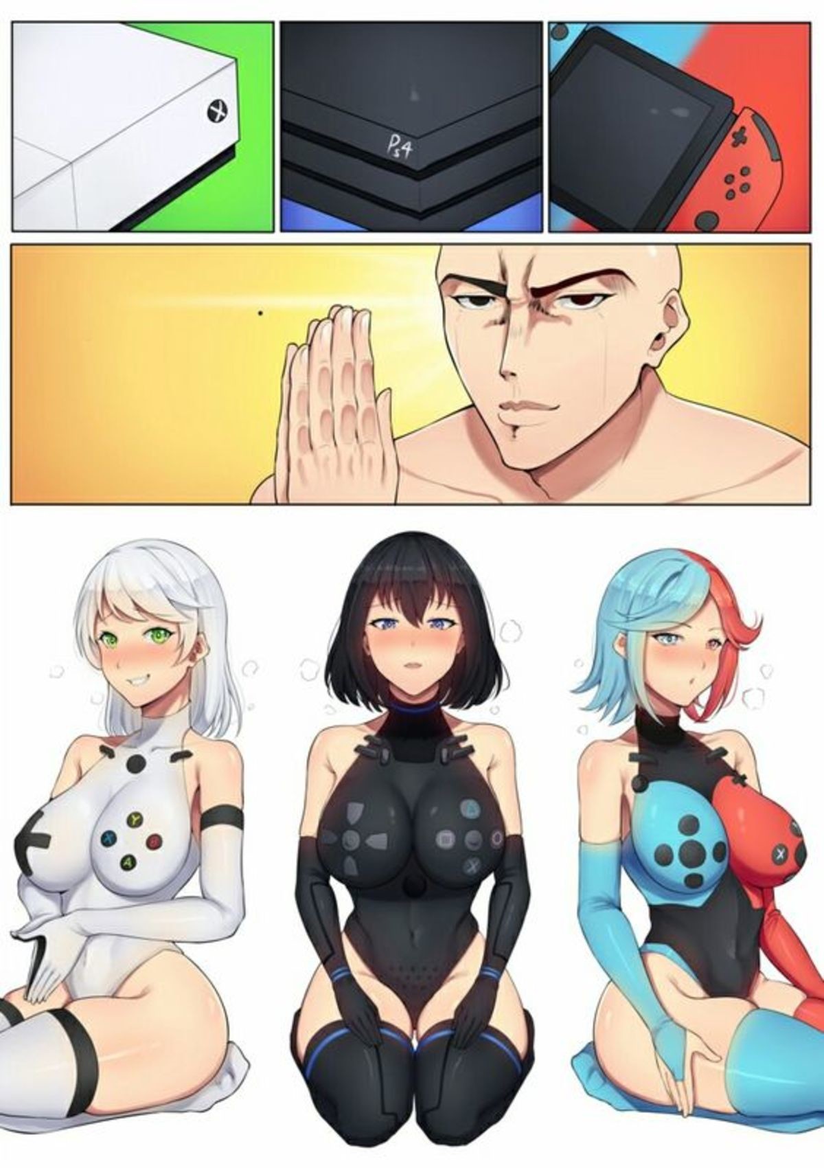 3girls bald bald_guy_(band-width) bald_man band-width bare_shoulders black_hair blue_eyes blue_hair blush breasts comic console-tan covered_navel detached_sleeves electronics eyebrows_visible_through_hair female game_console handheld_game_console heterochromia humanized jojo_reference kneeling large_breasts long_hair looking_at_viewer microsoft multicolored_hair multiple_girls nintendo nintendo_switch original parted_lips personification playstation playstation_4 ps4-tan red_eyes red_hair short_hair smile sony_corporation switch-tan take_your_pick teeth thighhighs visible_air visible_breath white_hair xbox xbox_controller xbox_one xbox_one-tan zettai_ryouiki