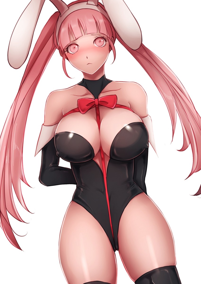 1girls blush bow_tie breasts bunny_ears bunny_girl bunnysuit cameltoe cleavage curvy elbow_gloves embarrassed erect_nipples female female_only fire_emblem fire_emblem:_three_houses flossing gloves hilda_valentine_goneril jtaka large_breasts latex latex_gloves long_hair nipple_bulge nipples panties pink_eyes pink_hair present ribbon solo thighs twintails