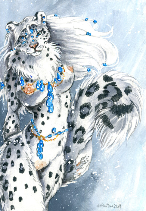 2019 anthro black_body black_fur blue_eyes breasts ear_piercing felid female fur grey_body grey_fur hair heather_bruton jewelry looking_at_viewer mammal necklace nipples pantherine piercing pussy snow snow_leopard solo white_body white_fur white_hair winter