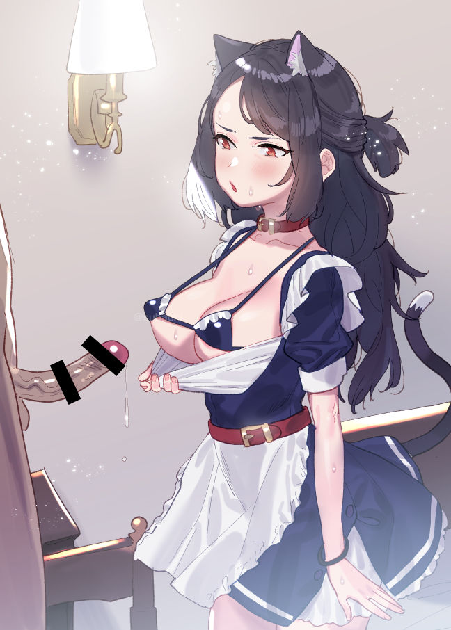 1boy animal_ears apron bar_censor belt bikini black_bikini black_hair blush bracelet breasts cat_ears cat_girl cat_tail censored cleavage dress erection female jewelry long_hair maid micro_bikini open_mouth original penis precum red_eyes subachi sweat swimsuit tail