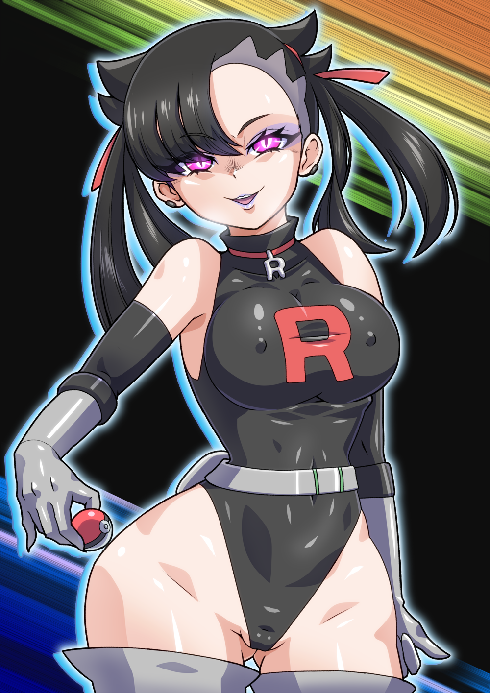 1girls abs alternate_breast_size alternate_outfit black_hair bodysuit earrings enemy_conversion female female_only gloves hair_ribbon latex latex_gloves marnie_(pokemon) mind_control no0o0n0o0on pokemon pokemon_ss purple_eyes solo solo_female team_rocket