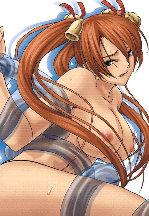 areola areolae blush breasts brown_hair green_eyes heterochromia kagurazaka_asuna mahou_sensei_negima! medium_breasts minarai_zouhyou nipples nude tentacle tied_hair twintails