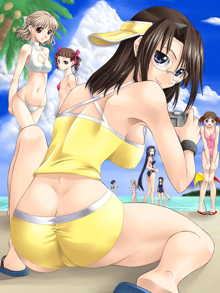 ass ass_cleavage back beach bikini breasts butt_crack color glasses human human_only looking_back lowleg lowleg_bikini maria-sama_ga_miteru noriko_nijou ocean sachiko_ogasawara sea shimako_toudou shouko_naitou sideboob sky swimsuit touko_matsudaira tsutako_takeshima yaso_shigeru yoshino_shimazu yumi_fukuzawa