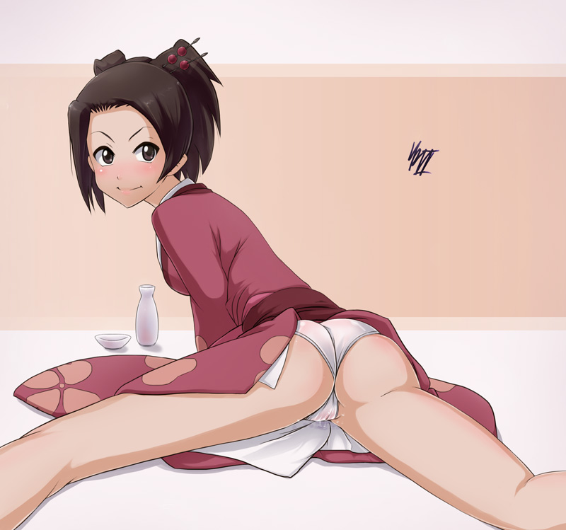 ass blush brown_hair fuu_kasumi japanese_clothes klaus_reinbach_iii panties pantyshot samurai_champloo underwear wedgie