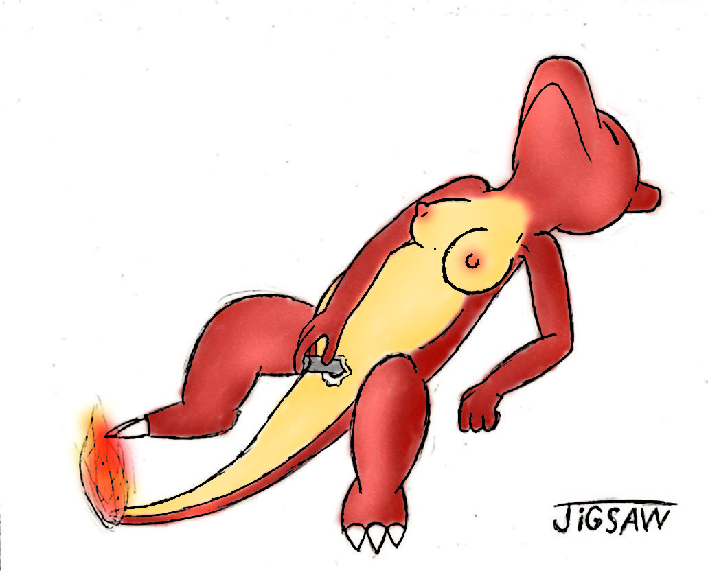 charmeleon color dildo female female_only fire jigsaw_(artist) masturbation nintendo nude pokémon_(species) pokemon sex_toy solo tagme tail tail_fire