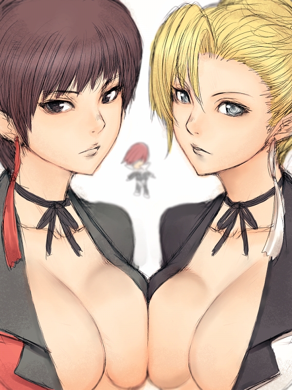 2girls blonde_hair blue_eyes breast_press breasts brown_hair female female_only fumio_(rsqkr) iori_yagami king_of_fighters large_breasts mature_(kof) multiple_girls short_hair snk symmetrical_docking vice_(kof)