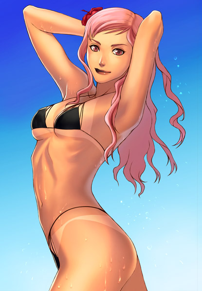 1girls argilla black_swimsuit digital_devil_saga female megami_tensei pink_eyes pink_hair smile