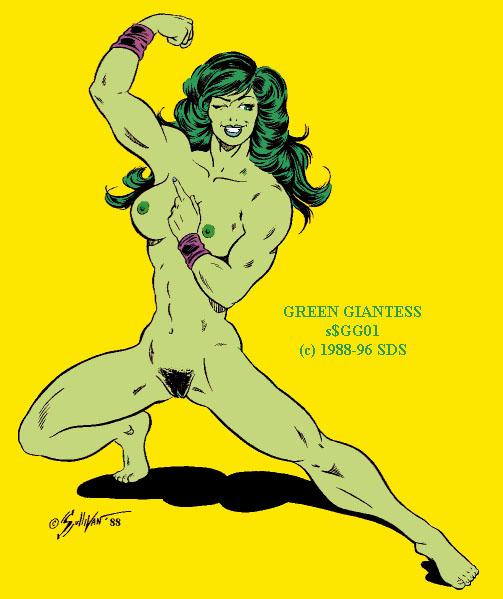 1980s 1988 1girls armbands armpits artist_signature big_breasts breasts feet female female_only flexing_bicep green_body green_hair green_lips green_nipples green_skin hulk_(series) legs marvel marvel_comics muscles muscular muscular_female nipples nude pubic_hair sds she-hulk solo steve_sullivan thighs wink winking