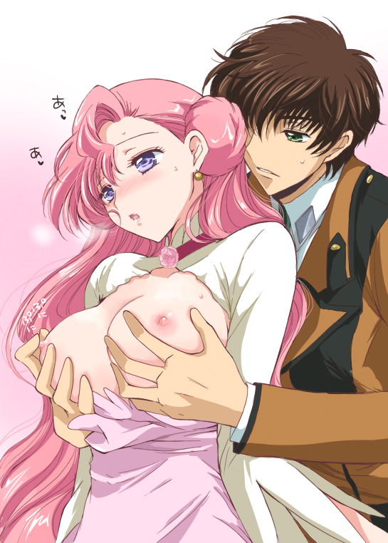 breast_grab breasts code_geass dress euphemia_li_britannia kurimomo kururugi_suzaku long_hair nipple_rub nipples pink_hair purple_eyes