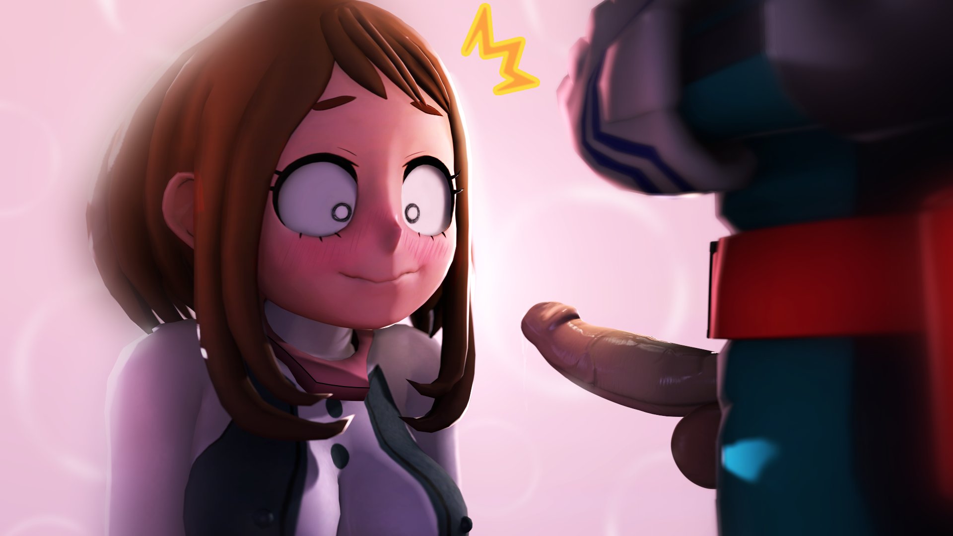 1boy, 1girls, 3d, balls, big penis, blush, breasts, brown eyes, brown hair, cute, deku, erect nipples under clothes, erection, female, female focus, greatm8, hero outfit (mha), imminent fellatio, imminent oral, izuku midoriya, izuku midoriya (hero outfit), looking at partner's penis, looking at penis, male, medium breasts, medium penis, midoriya izuku, midoriya izuku (hero outfit), my hero academia, ochako uraraka, ochako uraraka (hero outfit), penis, penis awe, penis out, short hair, source filmmaker, testicles, uraraka ochako, uraraka ochako (hero outfit), veiny penis