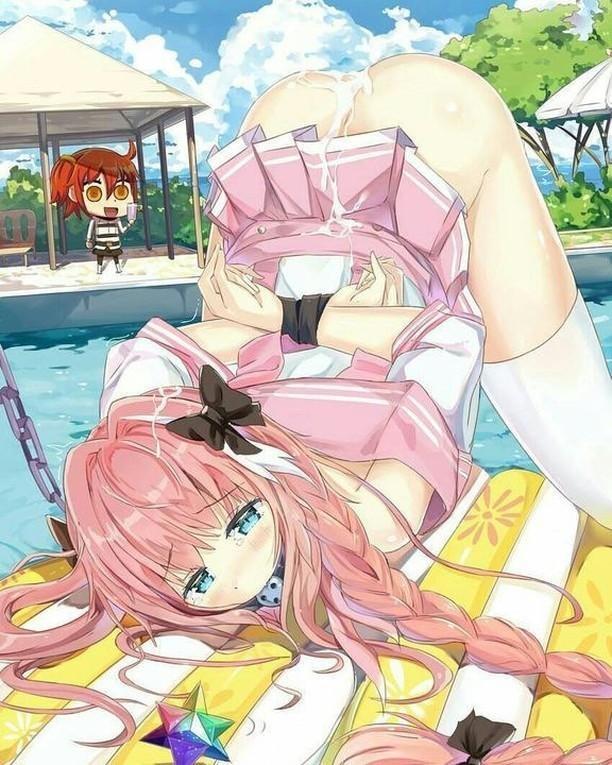 after anal, ass, astolfo (fate), ball gag, bending down, bondage, color, cum, cum in ass, face down ass up, fate (series), fate/apocrypha, fate/grand order, gag, gudako, male, male focus, messy hair, mouth gag, pool, school uniform