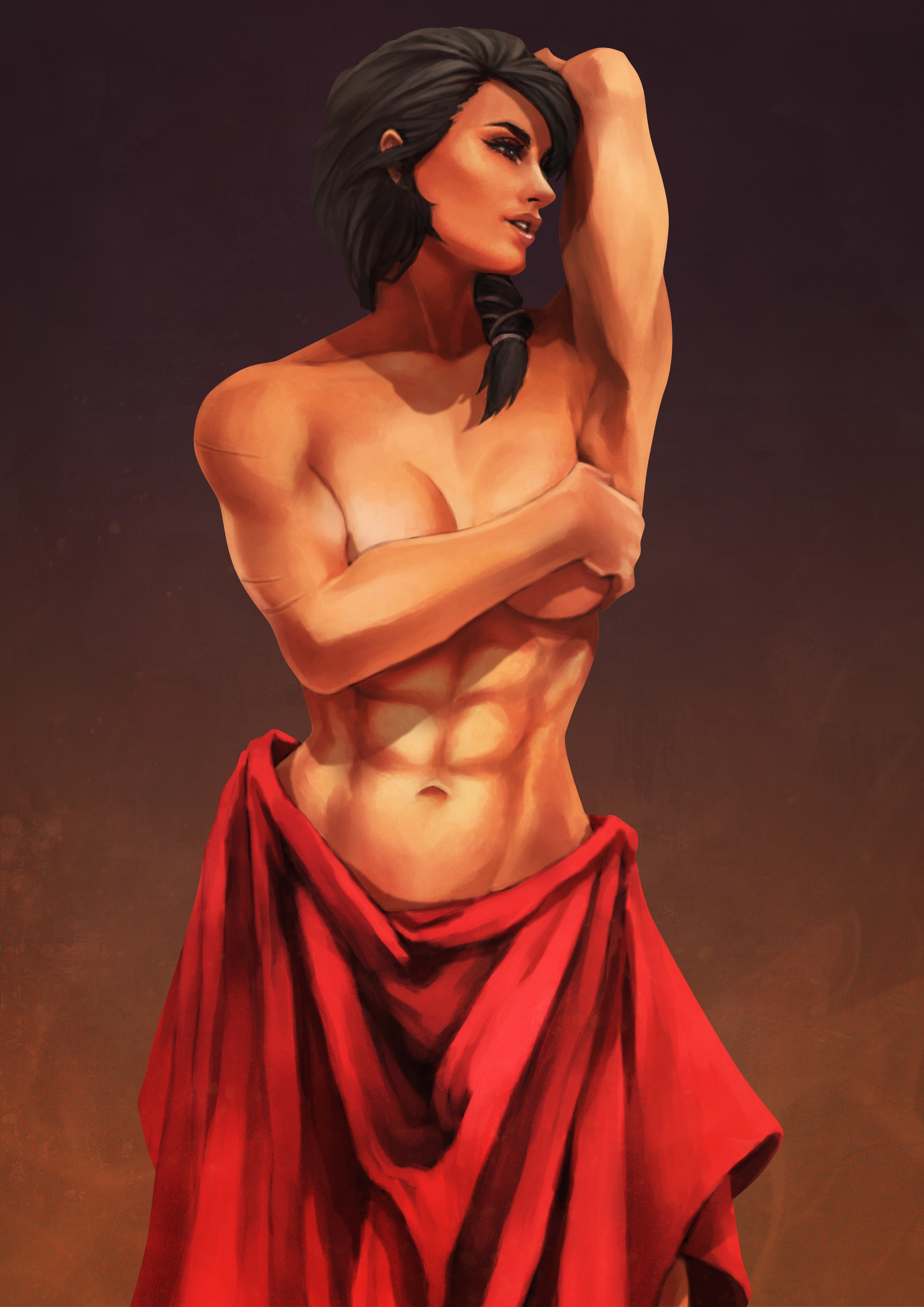 1girls, 2020, 2d, 2d (artwork), abs, arm over head, armpits, assassin's creed (series), assassin's creed odyssey, breasts, brown hair, commission, covering, covering breasts, female, female focus, female only, female protagonist, kassandra (assassin's creed), long hair, monorirogue, muscular, muscular female, solo, solo female, topless, ubisoft
