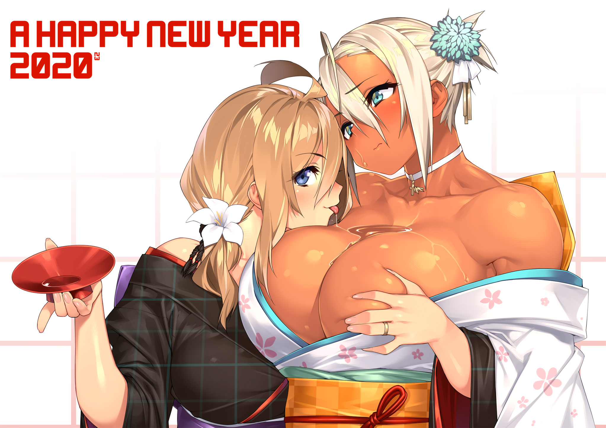 2020, 2girls, breasts, cleavage, dark skin, dark-skinned female, female, female only, huge breasts, kimono, muscular, muscular female, new year, original, sela (sela god), sela god, ursula (sela god), wedding ring, wife and wife, yuri