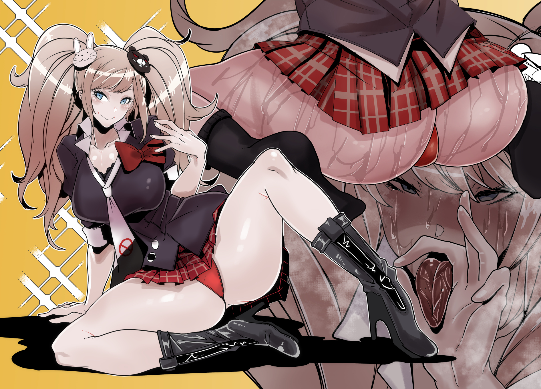 2020, ass, blue eyes, breasts, busty, cleavage, close-up, danganronpa, favorite, fellatio gesture, female, gyaru, hand gesture, handjob gesture, heels, high heels, junko enoshima, kneehighs, legs, mr.way, panties, red panties, sexually suggestive, skirt, solo, straight hair, thick thighs, tie, tongue, tongue out, twintails, waybullet