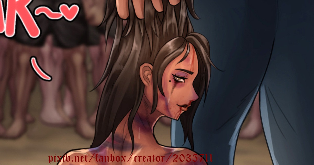 1girls, amber eyes, beaten, blood, bruise, brunette, clothed male nude female, female, freyja (kingbang), fuckmeat (kingbang), hair grab, kingbang, looking at viewer, male, mascara tears, mole under eye, multiple boys, multiple males, original, pixiv, runny makeup, torture