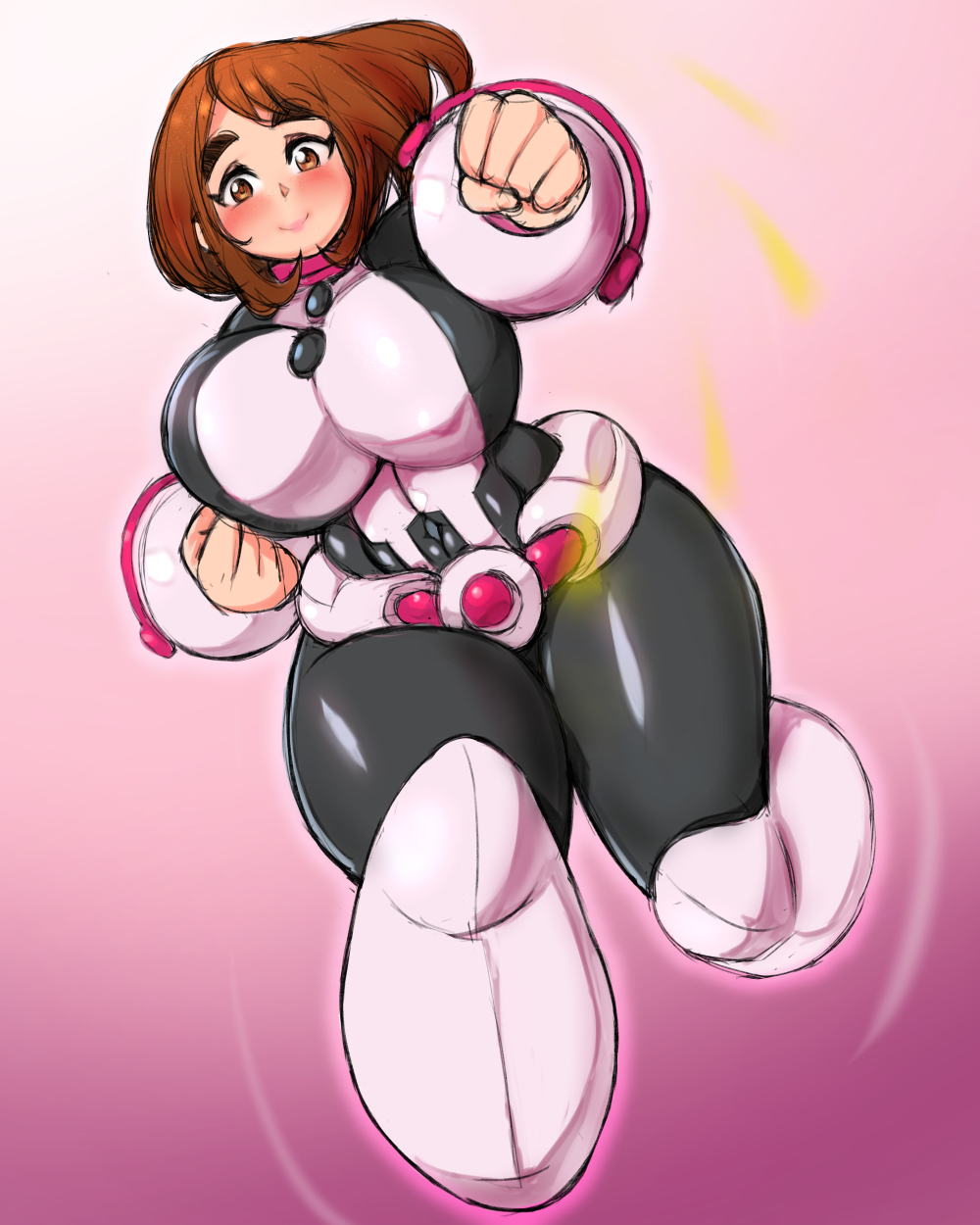 1girls, breasts, costume, female, female only, floating, hero outfit (mha), huge breasts, keigi (artist), my hero academia, ochako uraraka, superheroine, tagme, thick thighs, venus body, wide hips