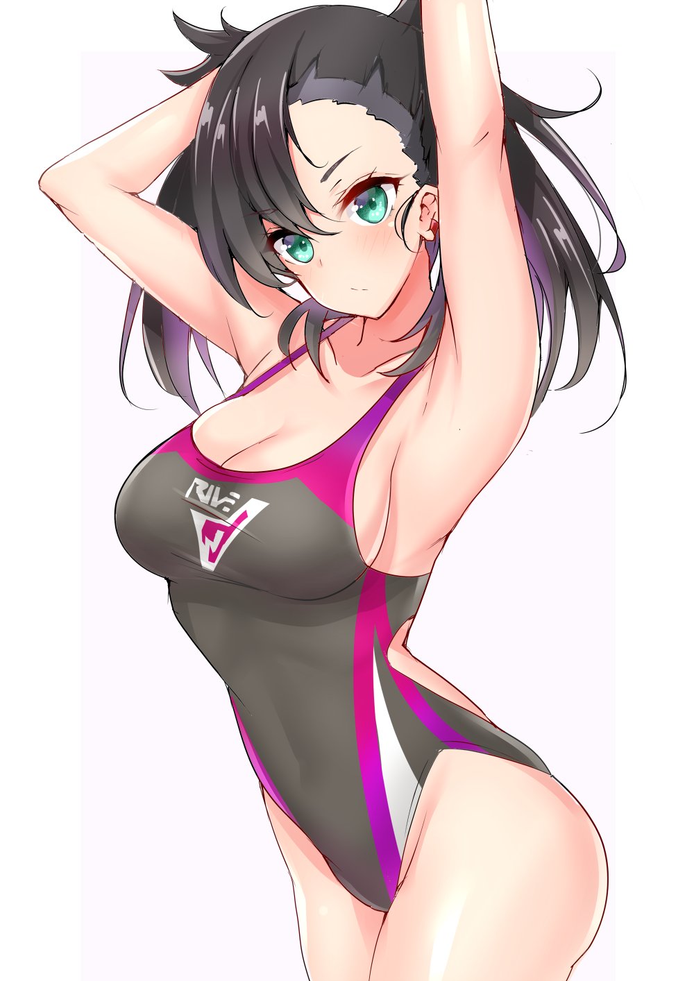1girls, abs, alternate breast size, alternate outfit, armpits, ass, belly, black hair, blush, breasts, cleavage, female, gym uniform, large ass, large breasts, looking at viewer, marnie (pokemon), navel, nintendo, one-piece swimsuit, pokemon, pokemon ss, pout, sideboob, silver eyes, simple background, solo, standing, swimsuit, tight fit, white background, wide hips