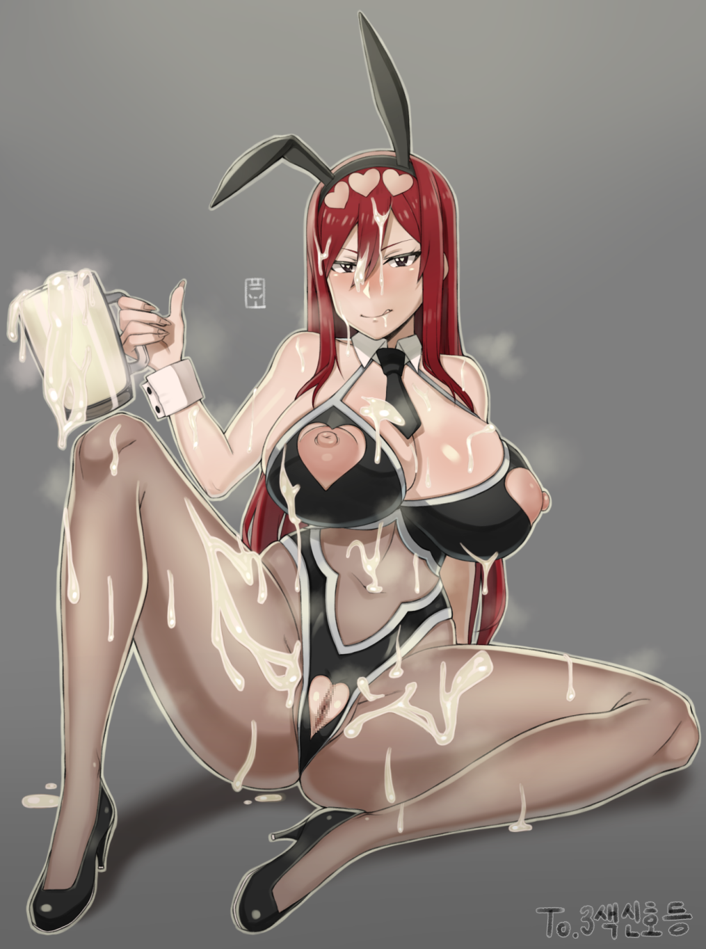 1girls, beer mug, breasts, bunny ears, bunnysuit, cum, cum in container, cum in cup, cum on body, cum on breasts, cum on face, cum on upper body, drinking cum, erza scarlet, fairy tail, female, handplug, large breasts, pussy, red hair, red-haired female, tie