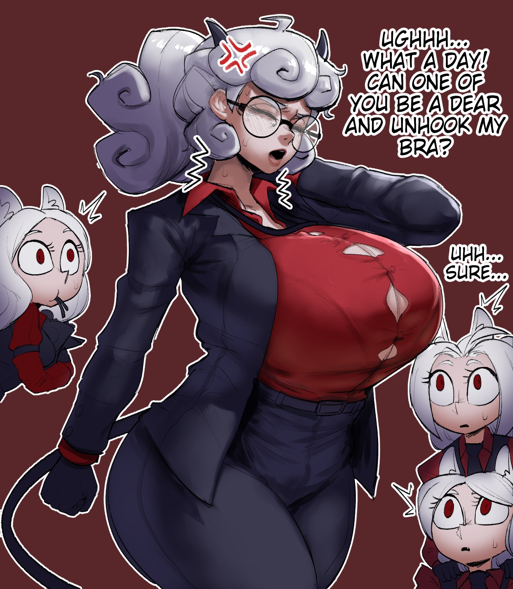 4girls, big breasts, breasts focus, cerberus (helltaker), clothed, clothing, demon tail, english, english text, female, female only, glasses, helltaker, horns, huge breasts, pandemonica (helltaker), staring at breasts, tillshitposting, white hair