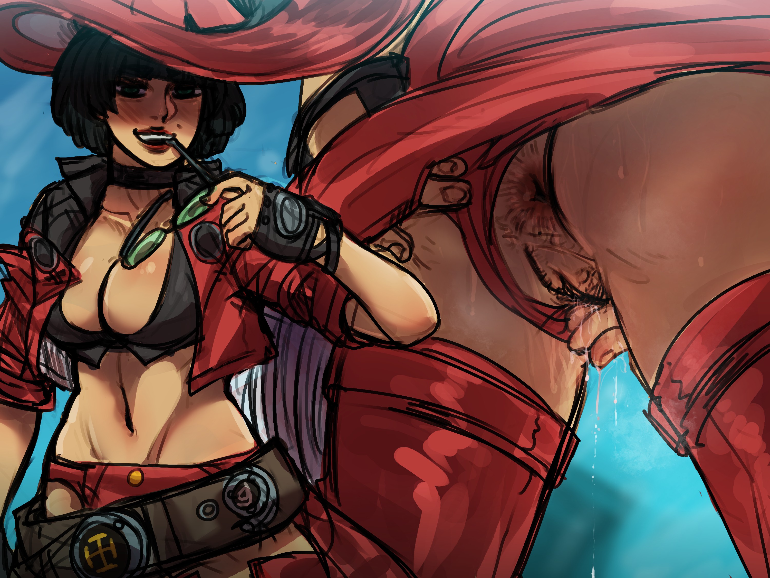 1girls, 2d, 2d (artwork), anus, ass, big breasts, blush lines, breasts, butt, cleavage, dripping pussy, female, female pubic hair, fingerless gloves, glasses, guilty gear, guilty gear strive, hat, i-no, legwear, masturbation, notsuitableforwater, panties aside, pinup, pubic hair, pussy, short jacket, small jacket, solo, solo female, sweat, vagina, wet pussy