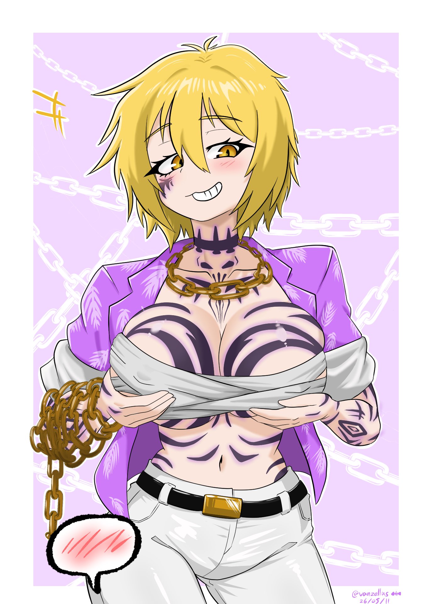 1girl, blonde hair, breasts, breasts squeeze, chain, chest tattoo, coat, don quixote (limbus company), facial tattoo, holding, jacket, jewelry, large breasts, limbus company, looking at viewer, pants, project moon, shirt, short hair, simple background, smile, solo, tattoo, the middle (identity) (project moon), white pants, yellow eyes