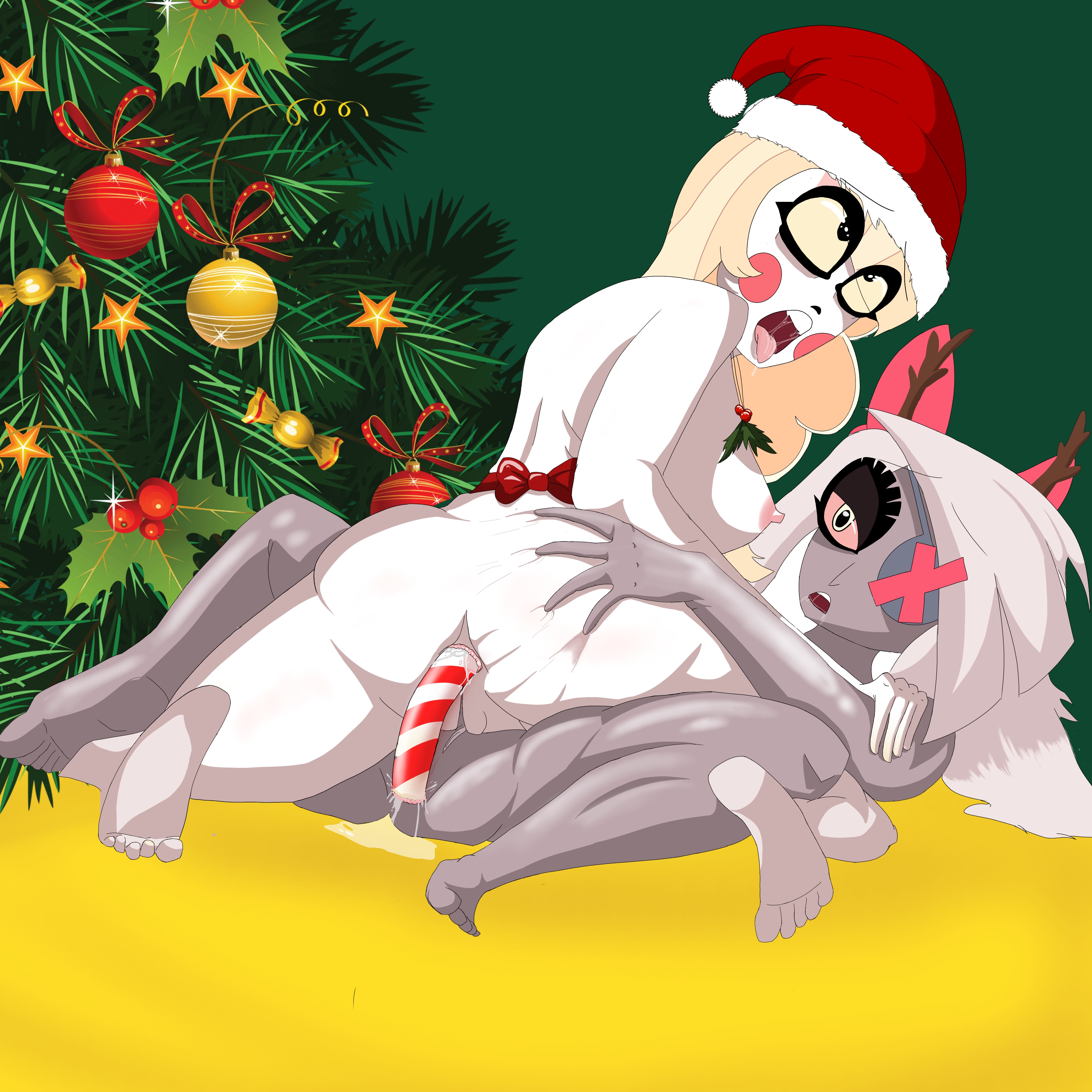 2girls, bad anatomy, barefoot, candy cane, candy cane insertion, charlie morningstar, charlie morningstar (hazbin hotel), christmas, demon, dildo, feet, female, hazbin hotel, multiple females, multiple girls, nude, sex toy, soles, spindlehorse toons, straight hair, tagme, toes, vaggie, vaggie (hazbin hotel), vivienne medrano, vivziepop, yuri