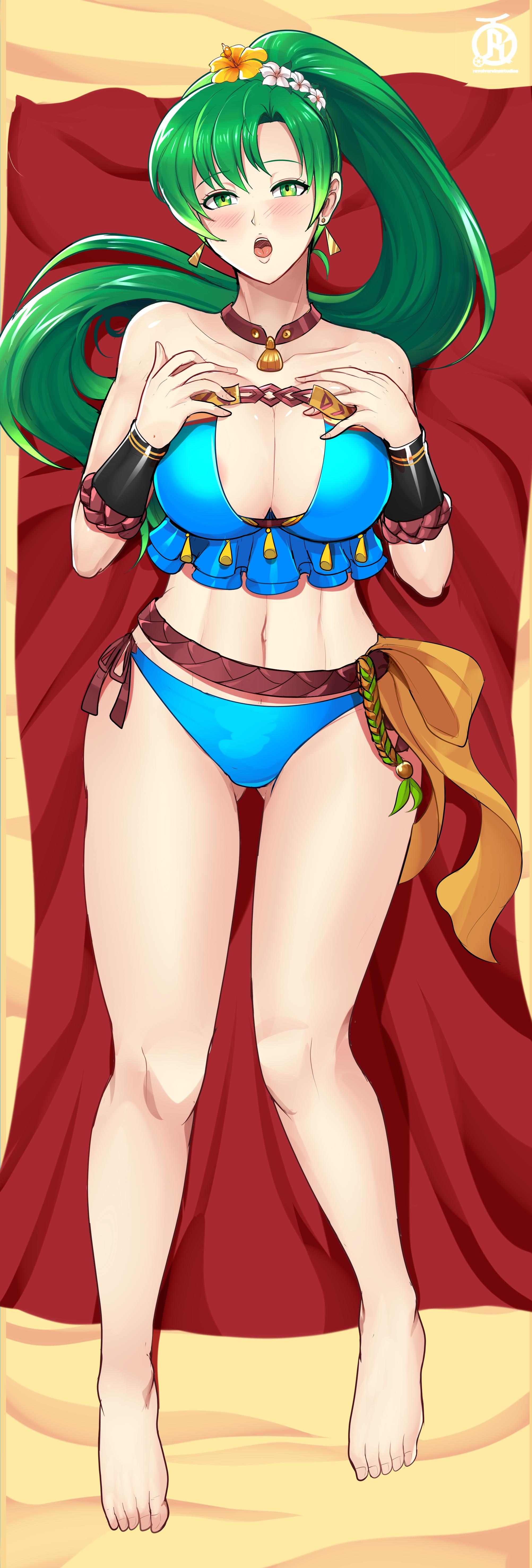 barefoot, beach, bikini, blush, breasts, dakimakura, dakimakura design, female, fire emblem, fire emblem heroes, fire emblem: the blazing blade, green eyes, green hair, large breasts, long hair, looking at viewer, lyn (fire emblem), nintendo, ponytail, revolverwingstudios, solo, solo female, towel