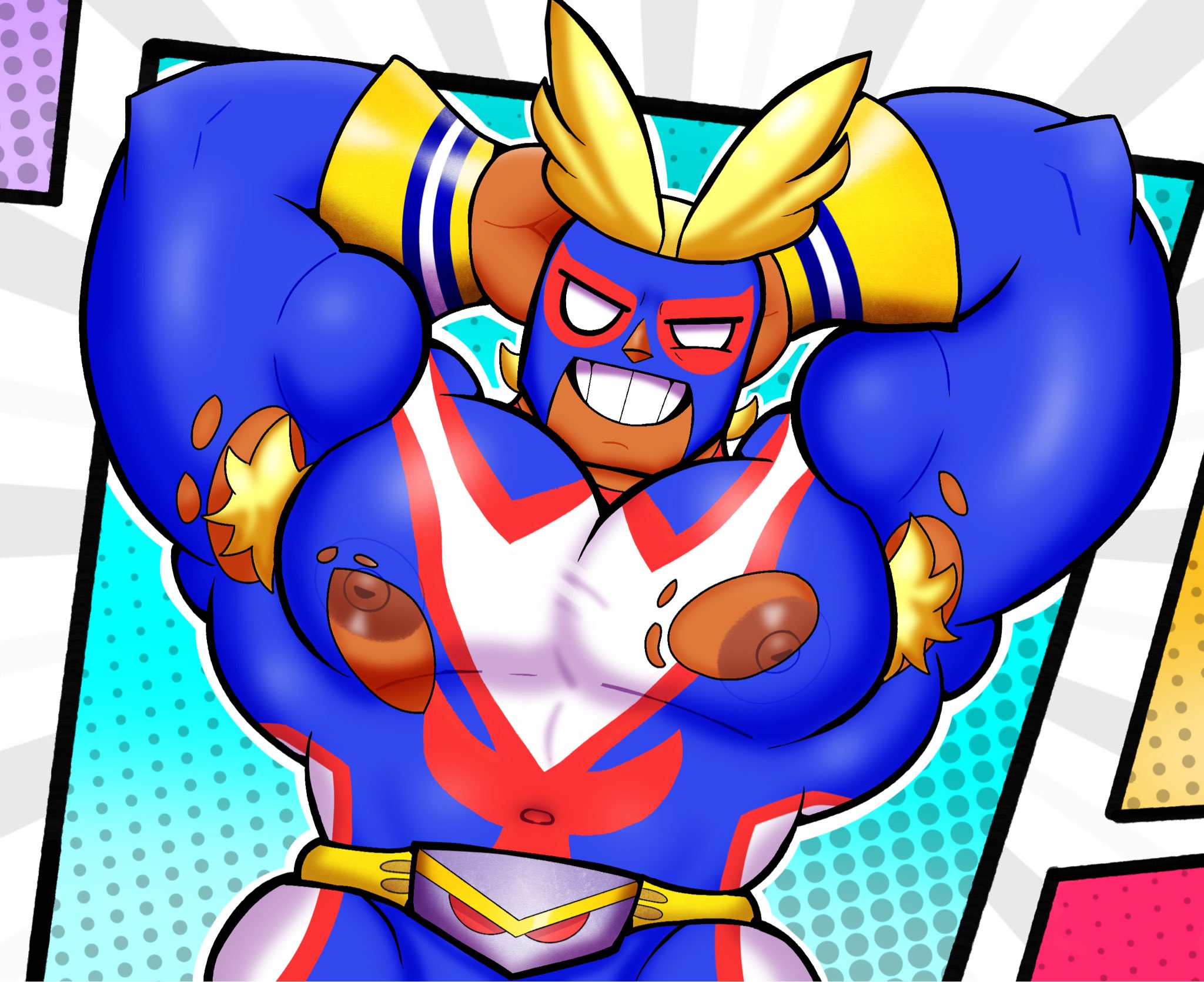 abs, all might, all might (cosplay), armpit fetish, armpit hair, armpits, bara, biceps, big chest, big pecs, bodybuilder, brawl stars, buff, chest, chunky, chunky thighs, el primo (brawl stars), flexing, flexing muscles, gay, grin, grinning, grinning at viewer, hero, hero outfit (mha), huge, huge chest, huge man, huge pecs, huge thighs, muscles, muscular, my hero academia, pecs, tan, tan body, tan skin, tanned, tanned skin, thick thighs, thighs, thighs bigger than head, xtra0182, yaoi