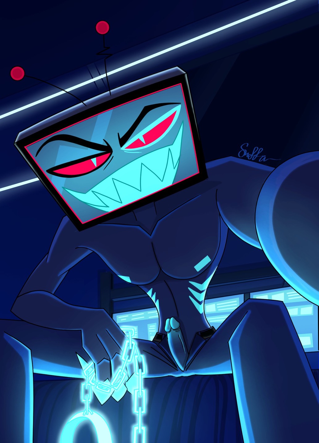 antennae, big hands, blue gills, blue nipples, blue skin, chains, claws, cock, confident male, dick, dominant, dominant male, erection, glowing chain, hazbin hotel, hellaverse, heterochromia, looking at viewer, low angle, low-angle view, pants, penis, pov, red eyes, sharp claws, sharp teeth, sitting, smirking, solo male, spread legs, tv head, unzipped, vox (hazbin hotel)