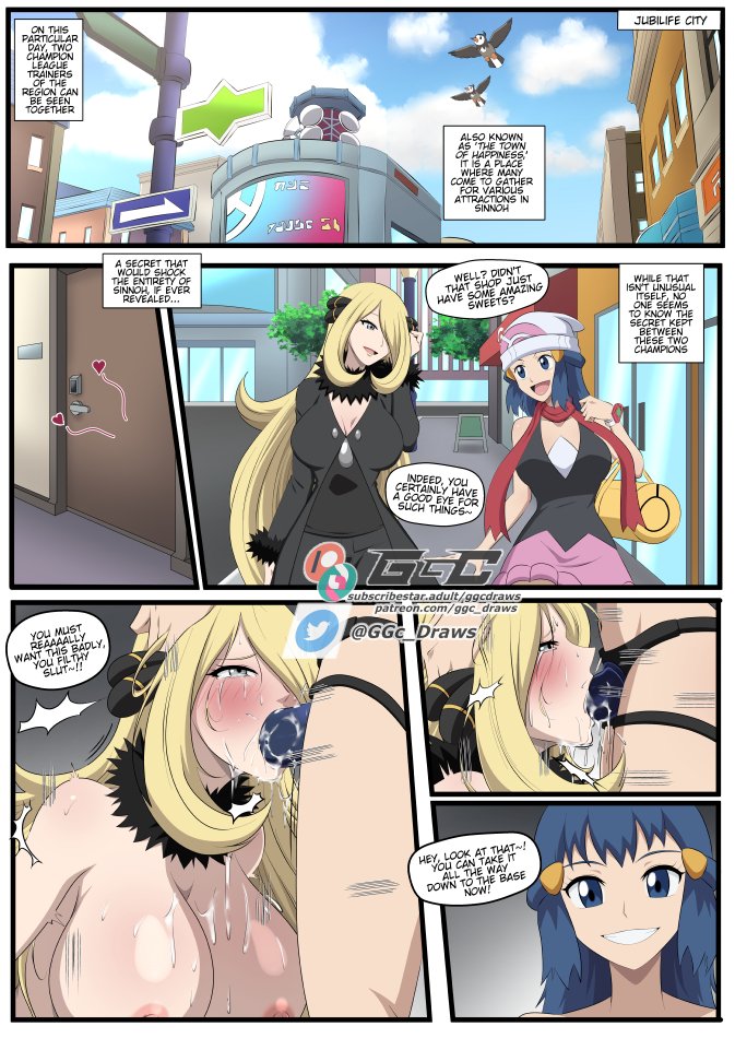 age difference, artist name, bangs, beanie, bent over, big woman dominated by small girl, blonde hair, blowjob, blue hair, blush, breasts, cleavage, clothed, clothing, comic, creatures (company), cynthia (pokemon), dawn (pokemon), dialogue, dominant female, dress, duo, female, fur collar, fur trim, game freak, ggc, hair ornament, hair over one eye, hairclip, heart, human, indoors, jacket, light skin, light-skinned female, long hair, long sleeves, miniskirt, nintendo, pink skirt, pokemon, pokemon (game), pokemon dppt, pussy, red scarf, scarf, sidelocks, skirt, sleeveless shirt, smile, speech bubble, strap-on, tears, white headwear, yuri