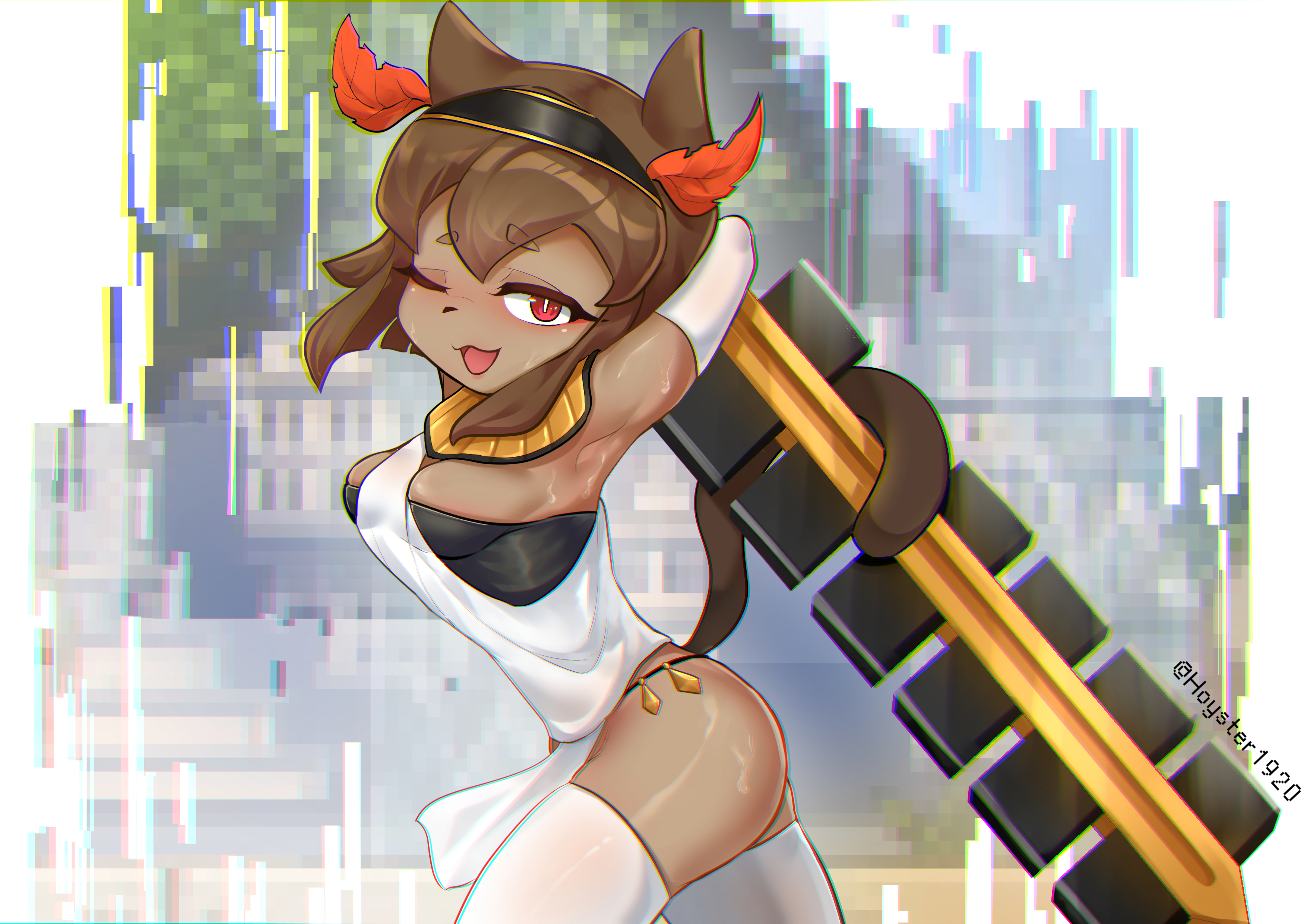 dark skin, female only, furry, furry female, furry only, gameoverse, hoyster, kit (gameoverse), kit bodega, princess reconquista, solo, sweat, tan body, tan skin