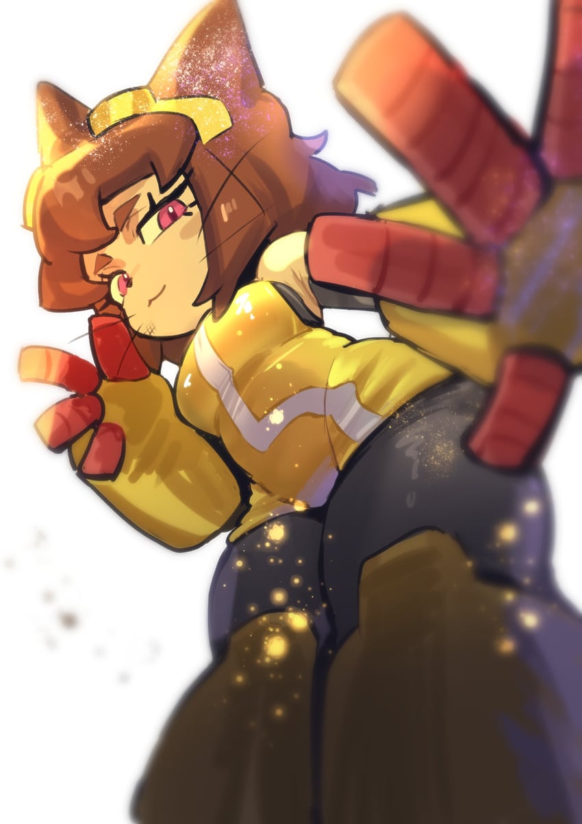 anthro, breasts, clothed, cute, cute pose, feline, female, female only, gameoverse, glitch productions, kit (gameoverse), kit bodega, looking down, low-angle view, not porn, posing, red eyes, sfw, solo, stretched, thick thighs, thighs, underview