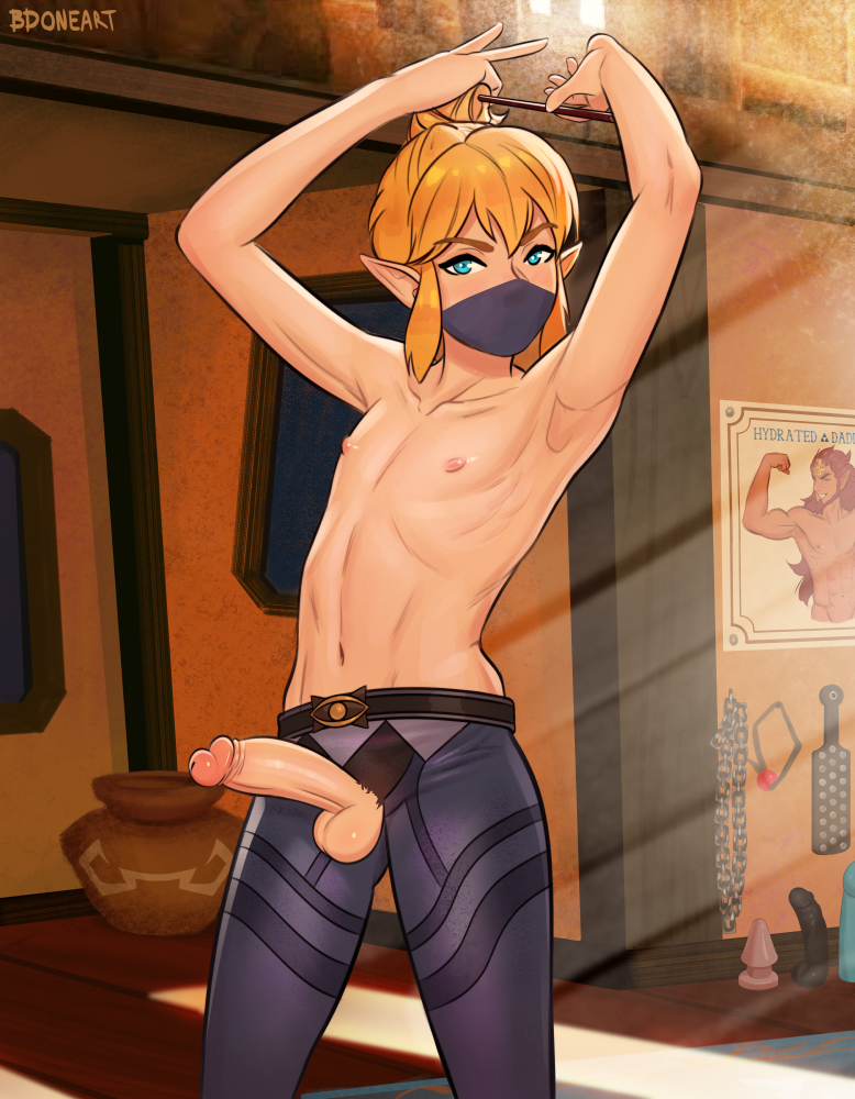 1boy, armpits, arms up, bdone, big penis, breath of the wild, character in background, erection, face mask, femboy, fixing hair, link, link (breath of the wild), male, male only, nintendo, nipples, nude, penis, penis cutout, penis out, playing with hair, rehydrated ganondorf, sheikah link, solo, the legend of zelda, topless, trap, twink
