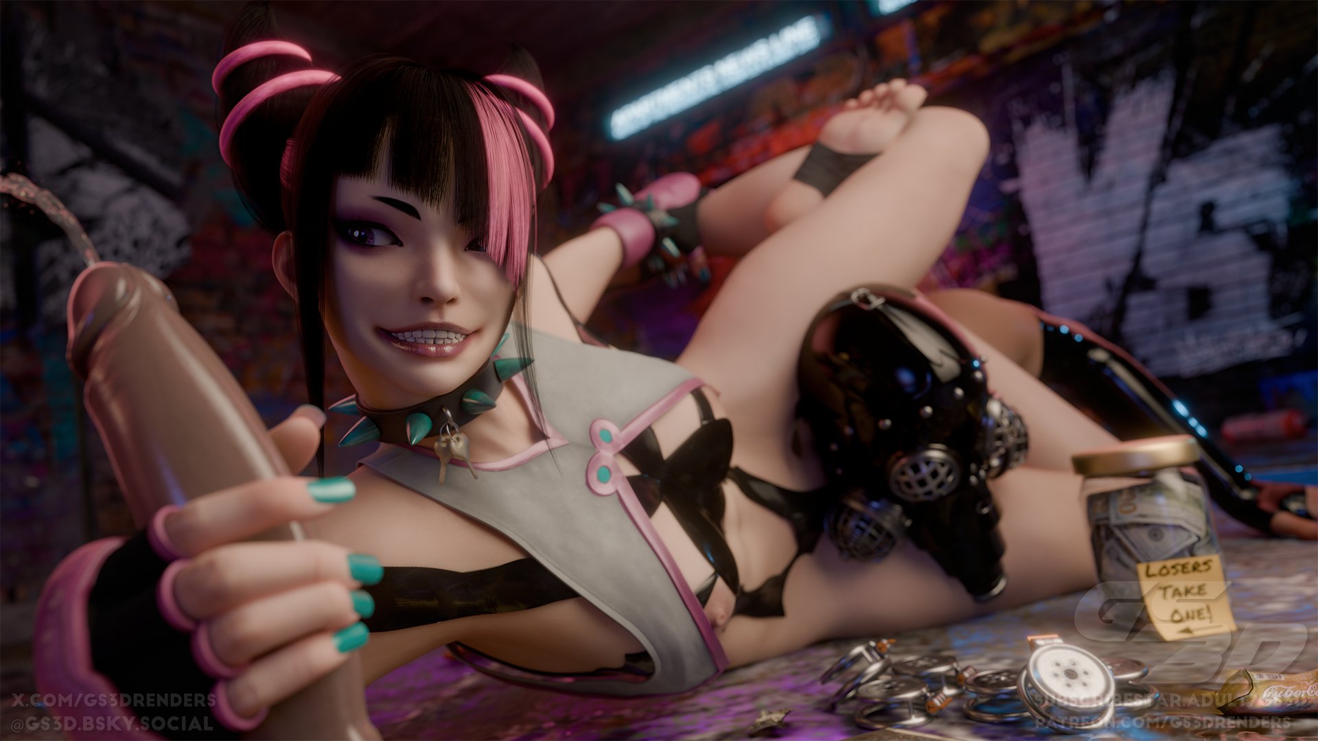 1girls, 2boys, 3d, artist name, black gloves, black hair, chastity cage, child bearing hips, clothed female nude male, cum, curvaceous, curvaceous body, curvaceous female, curvaceous figure, curvaceous hips, curvaceous thighs, ejaculation, evil smile, femdom, fingerless gloves, flat chastity cage, gloved handjob, gloves, gs3d, hair horns, hand on penis, handjob, handjob with gloves, headscissor, holding penis, juri han, large breasts, latex, lips, mask, masochism, memz3d (model), money, one eye covered, sadomasochism, smile, street fighter, street fighter 6, teeth, tip jar, toeless legwear, touching penis, unseen male face, waifu