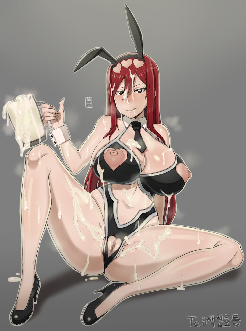 1girls, beer mug, breasts, bunny ears, bunnysuit, cum, cum in container, cum in cup, cum on body, cum on breasts, cum on face, cum on upper body, drinking cum, erza scarlet, fairy tail, female, handplug, large breasts, pussy, red hair, red-haired female, tie