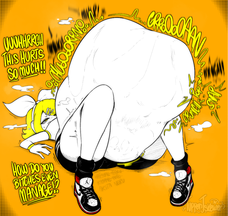 akita neru, digested, digested prey, digestion, digestion noises, fanloid, hatsune miku, huge ass, kagamine rin, kasane teto, lying on back, same size vore, soft vore, struggling, struggling prey, triple baka (vocaloid), tuppenjskewer, unwilling, unwilling prey, unwilling vore, utau, vocaloid, vore, vore belly