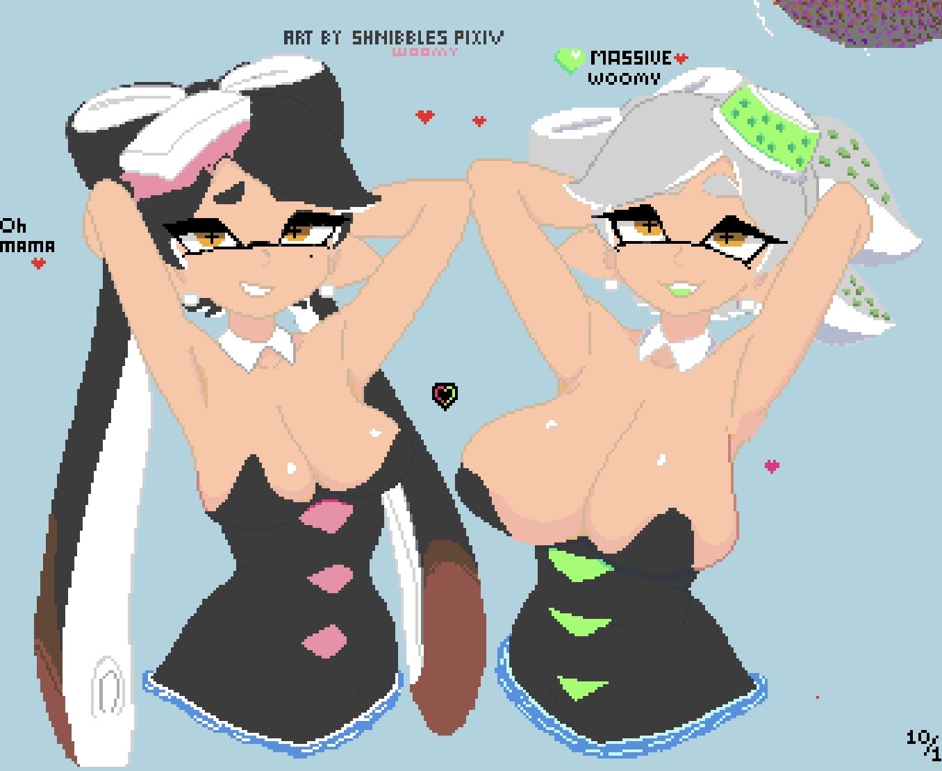 2girls, arms behind back, arms up, big breasts, black hair, breasts, callie (splatoon), cousins, eyelashes, female, female focus, female only, gray hair, grey hair, looking at viewer, marie (splatoon), mole, mole under eye, nintendo, pixel art, splatoon, splatoon (series), squid sisters, wplace, wplace (artwork)