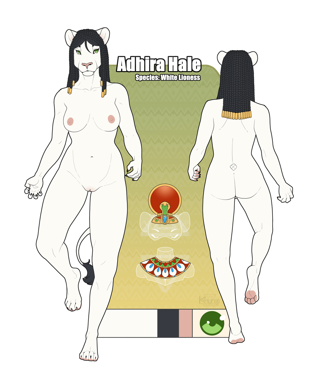 anthro black_hair breasts digital_media_(artwork) english_text felid female fur green_eyes hair khuraji lion mammal nipples nude pantherine pussy simple_background solo text white_body white_fur