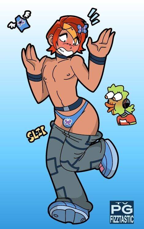 accurate art style, baggy pants, belt, big bulge, blue panties, blue underwear, blush, blushing, blushing male, bulge, bulge through clothing, bulge through underwear, bulging eyes, butterfly (planetronika), butterfly hair ornament, cargo pants, choker, clothing malfunction, cute, cute face, dark skin, dark-skinned femboy, dark-skinned male, embarassed male, embarrassed, f1zztastic, femboy, femboy focus, feminine male, freestyle (planetronika), gay, genderswap, genderswap (ftm), genderswap (mtf), gradient background, green body, green skin, headphones, lowres, male focus, multicolored hair, no shirt, pants down, pantsing, pantyshot, pattern bottomwear, pattern underwear, planetronika, red hair, retro artstyle, rule 63, shirtless, shirtless femboy, shirtless male, shocked, shocked expression, short hair, submissive male, wardrobe malfunction, wild take, wristband