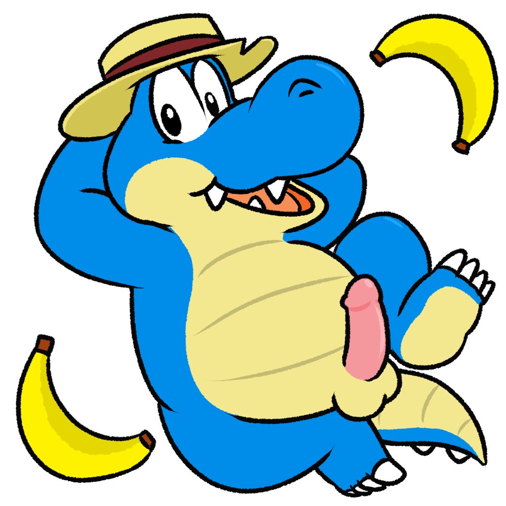 2019 anthro balls banana blue_body clothing crocodile crocodilian crocodylid erection food fruit hat headgear headwear humanoid_penis link's_awakening male male_only nintendo nishi oxnards penis plant reptile sale_(zelda) scalie simple_background slightly_chubby solo the_legend_of_zelda video_games white_background