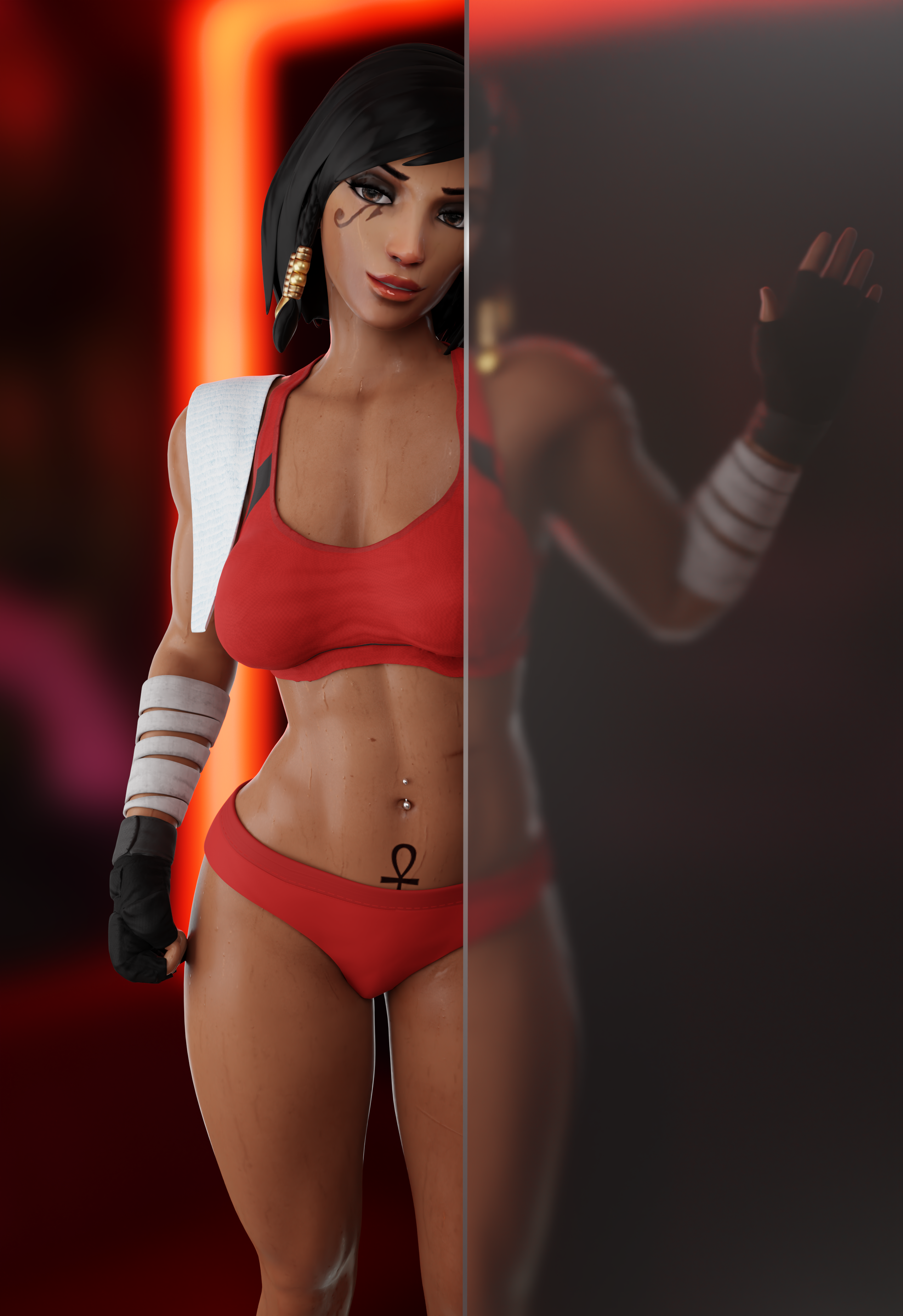 3d, blender, currysfm, dark skin, dark-skinned female, female, looking at viewer, overwatch, pharah, solo, sports bra